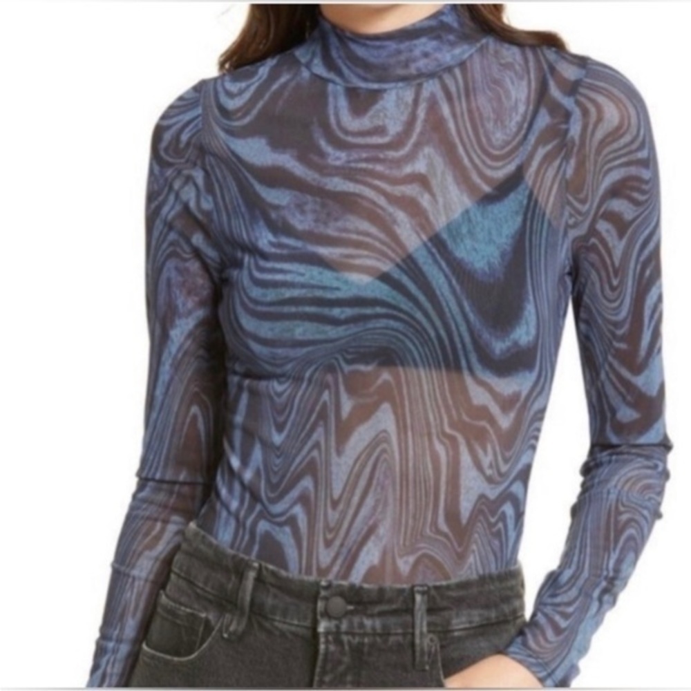 NWT Good American Blue Ink Swirl Mesh Mock Neck Thong Bodysuit, Size 3 / Large - Picture 2 of 8